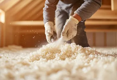 A pest control technician sprays attic insulation in Anaheim, CA home. Contact Econex Pest Management to install attic insulation with pest protection.